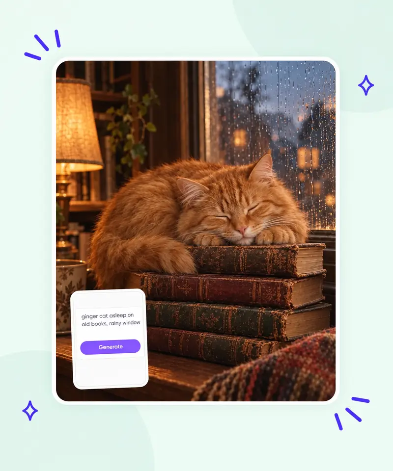 Text prompt 'ginger cat asleep on old books, rainy window' and the AI image generated from it
