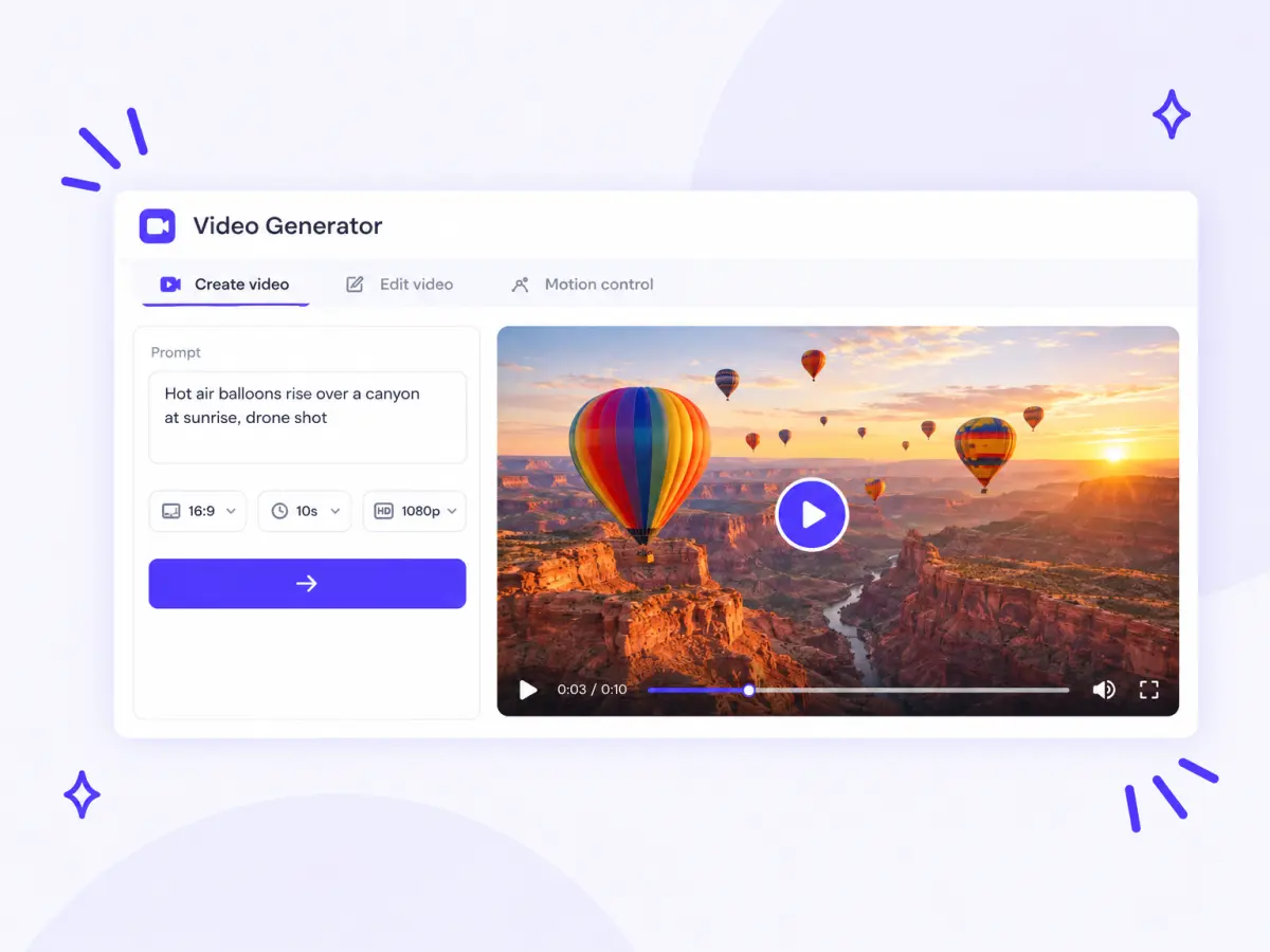 AI video generator with the prompt 'Hot air balloons rise over a canyon at sunrise, drone shot' and the generated video