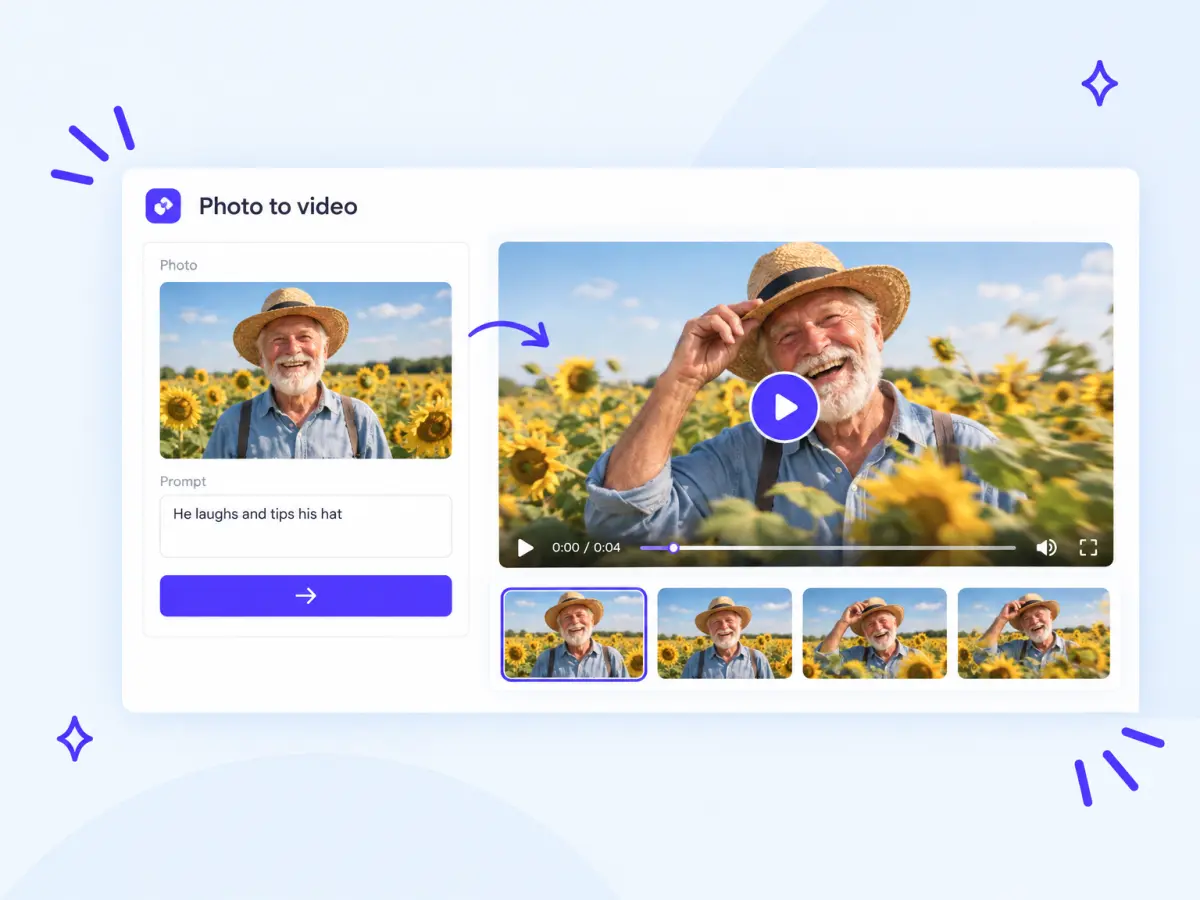 Photo of a smiling man in a sunflower field turned into an AI video where he laughs and tips his hat