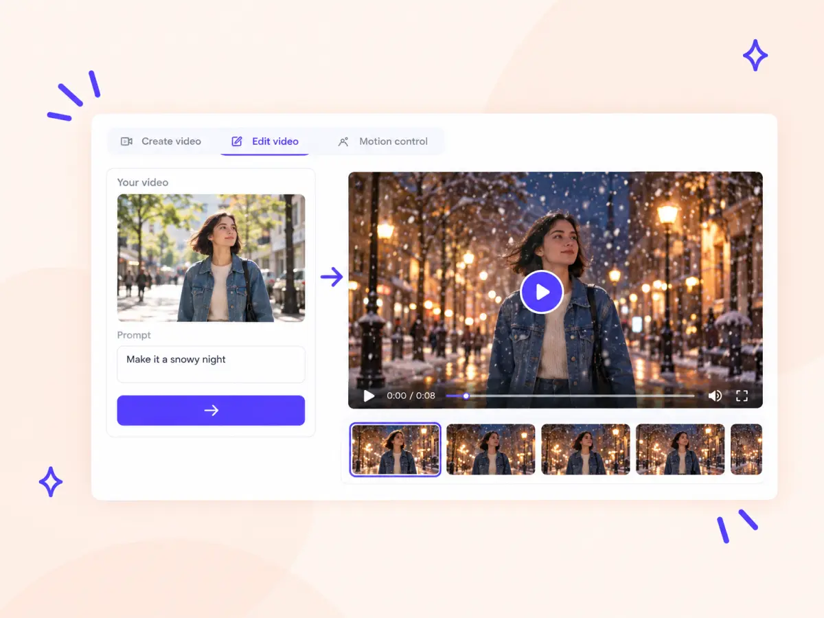 Video of a woman walking down a sunny street edited with the prompt 'Make it a snowy night'