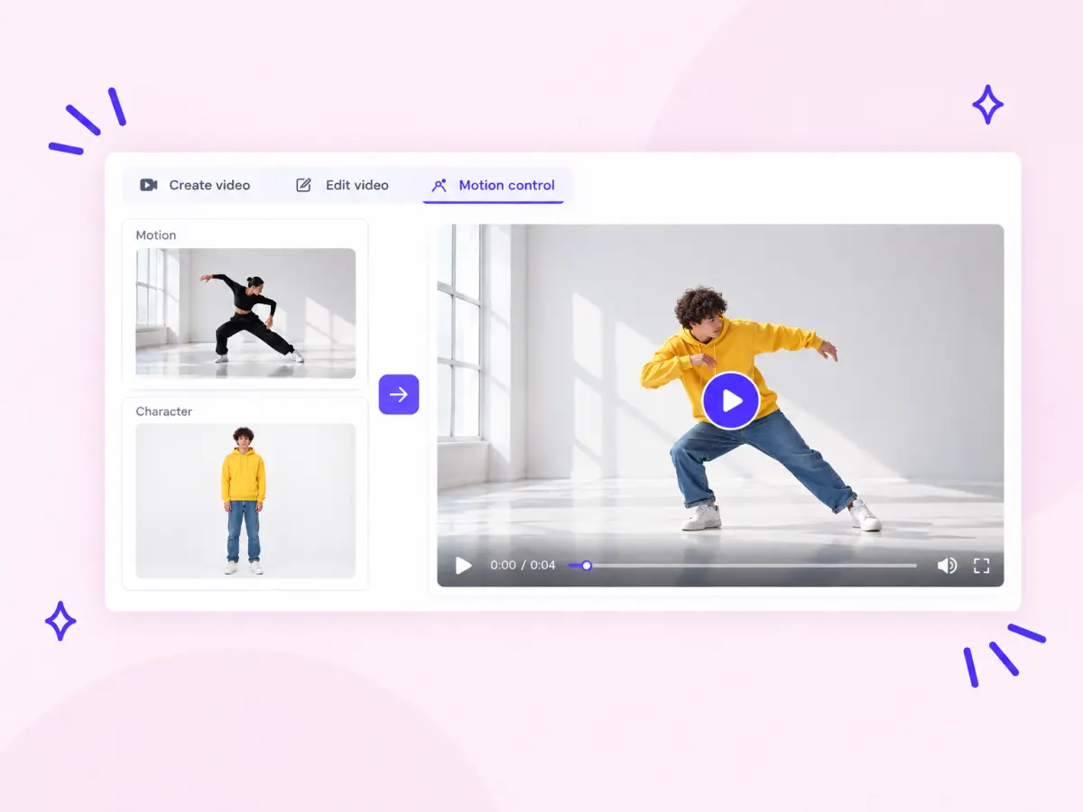 AI motion control copying a dancer's move onto a photo of a young man in a yellow hoodie