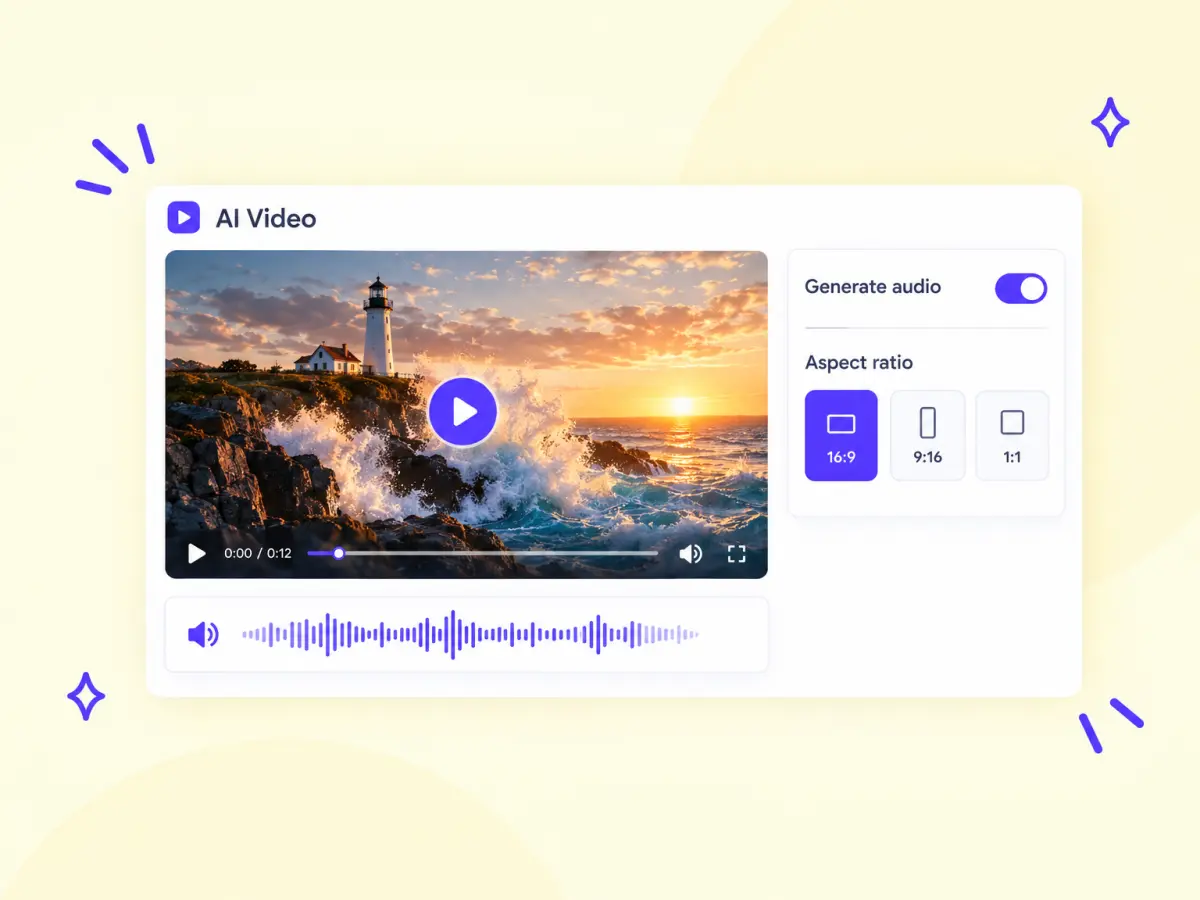 AI video of waves at a lighthouse with an audio waveform and the Generate audio switch turned on