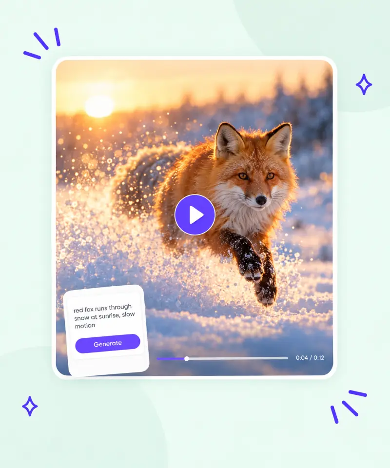 Text prompt 'red fox runs through snow at sunrise, slow motion' and the AI video generated from it
