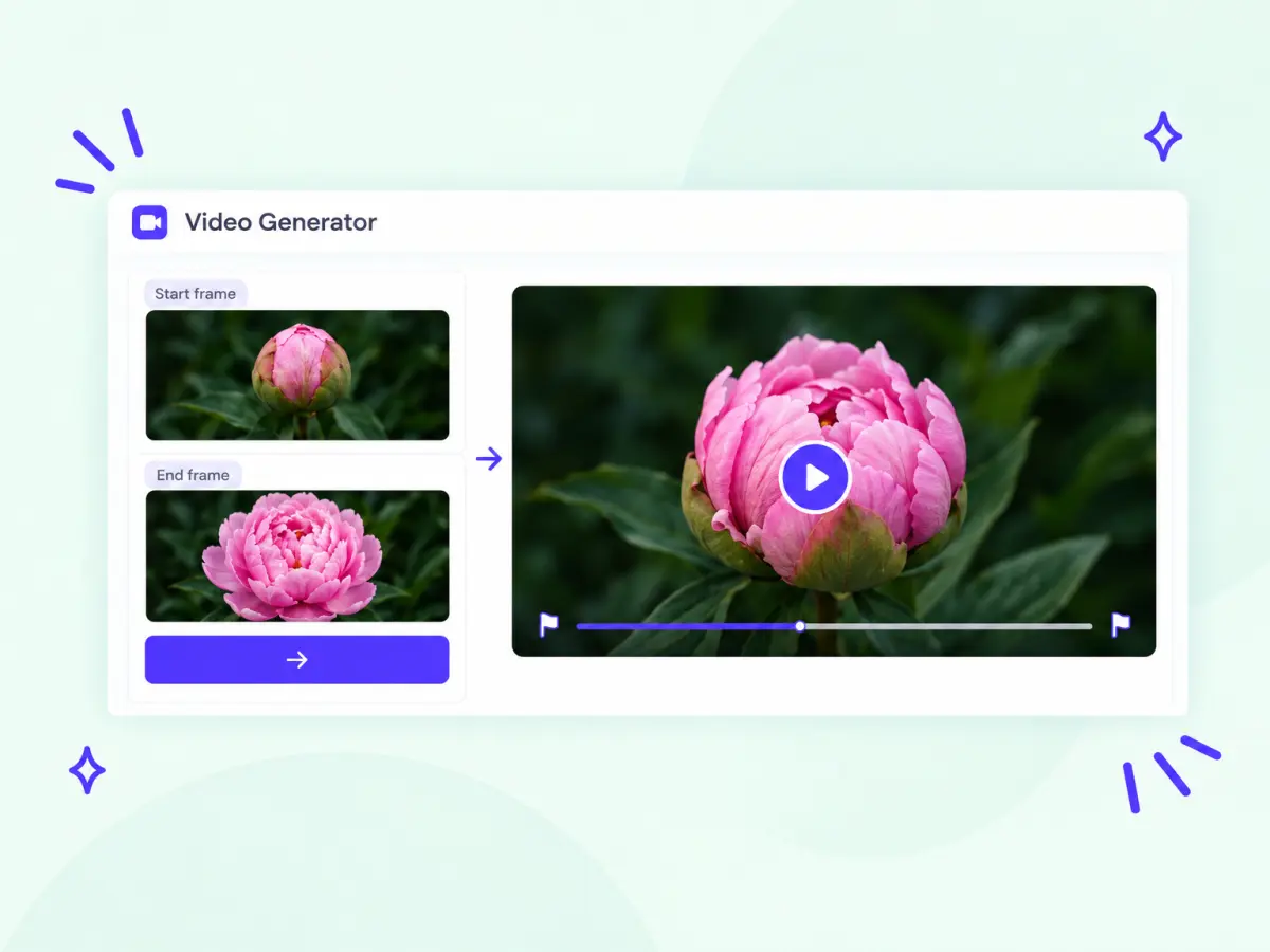 Start frame of a peony bud and end frame of the same peony in bloom turned into one AI video