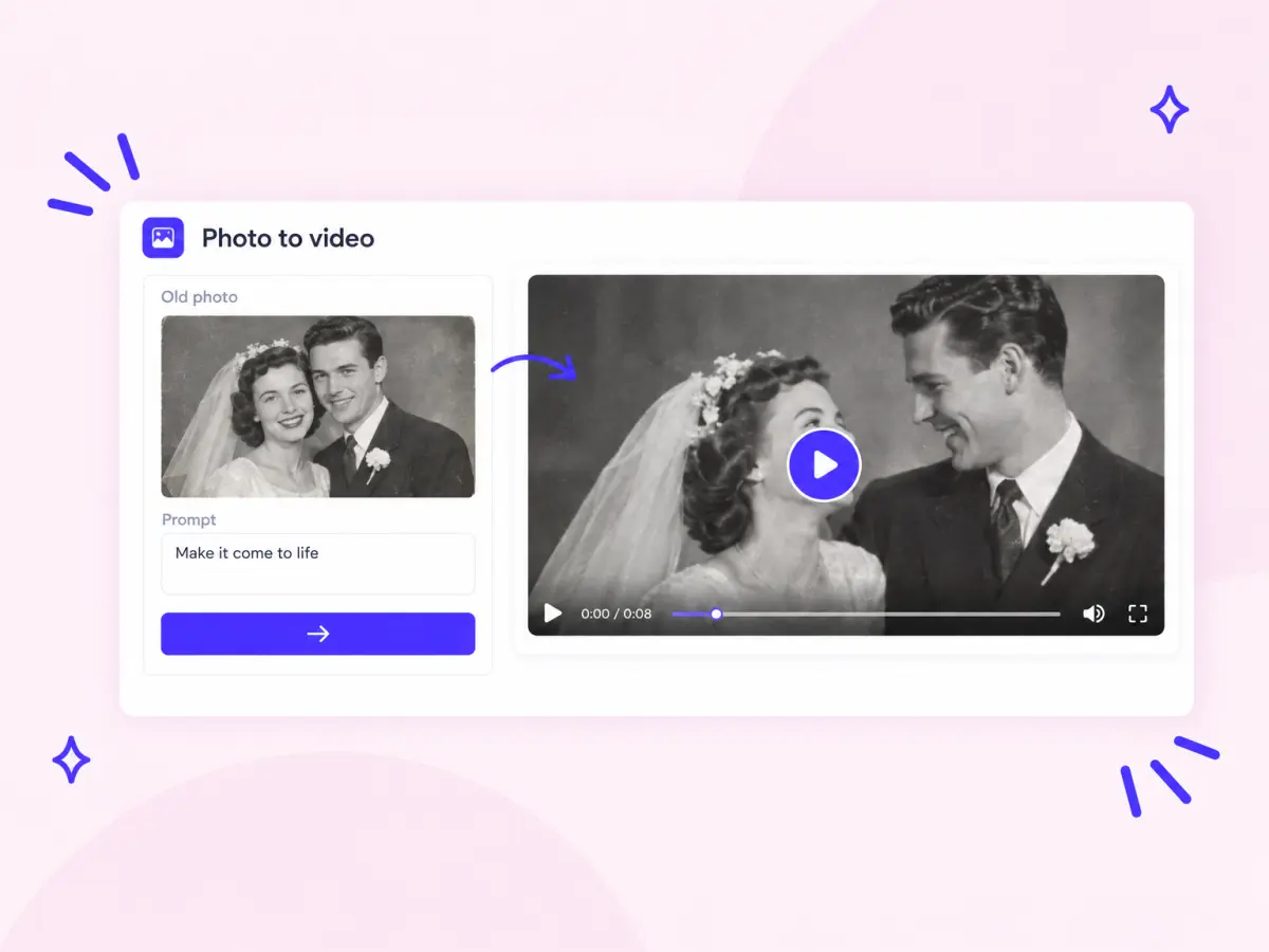 Old black-and-white wedding photo brought to life as an AI video