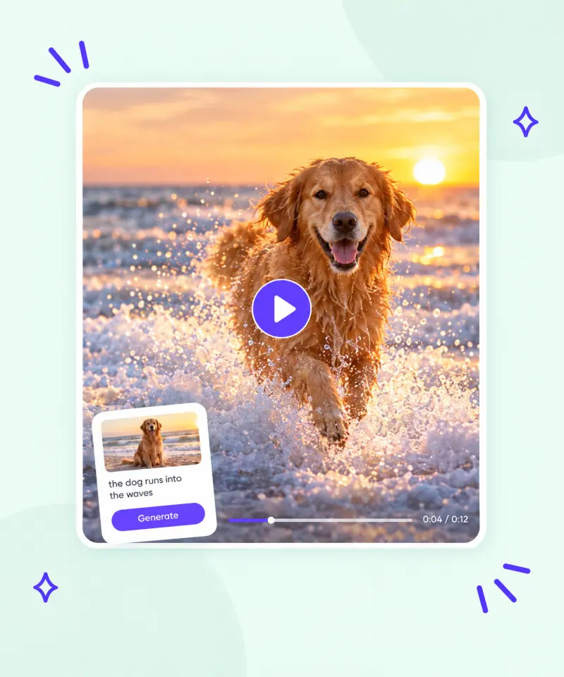 Photo of a dog on the beach and the prompt 'the dog runs into the waves' turned into an AI video