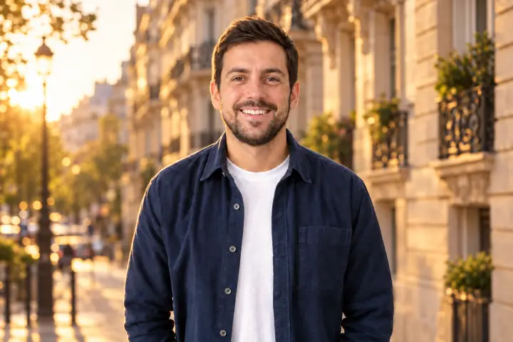 The same man on a Paris street at golden hour