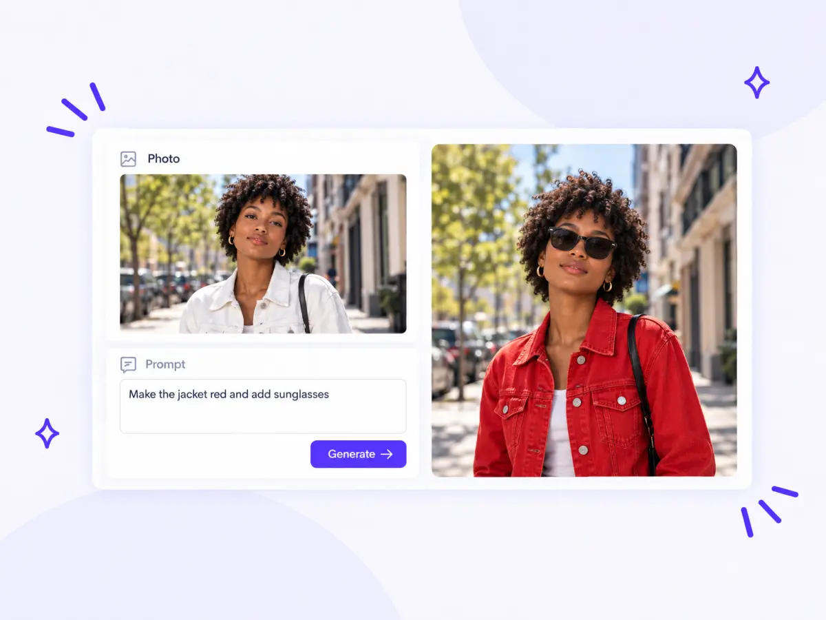 Photo of a woman in a white jacket and the prompt 'Make the jacket red and add sunglasses' turned into a new AI image