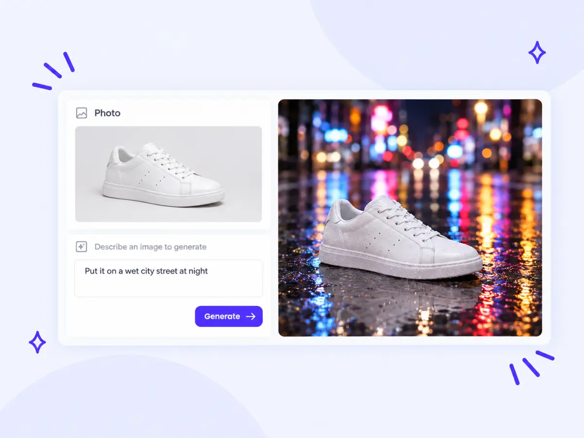 Product photo of a white sneaker moved by AI onto a wet city street at night