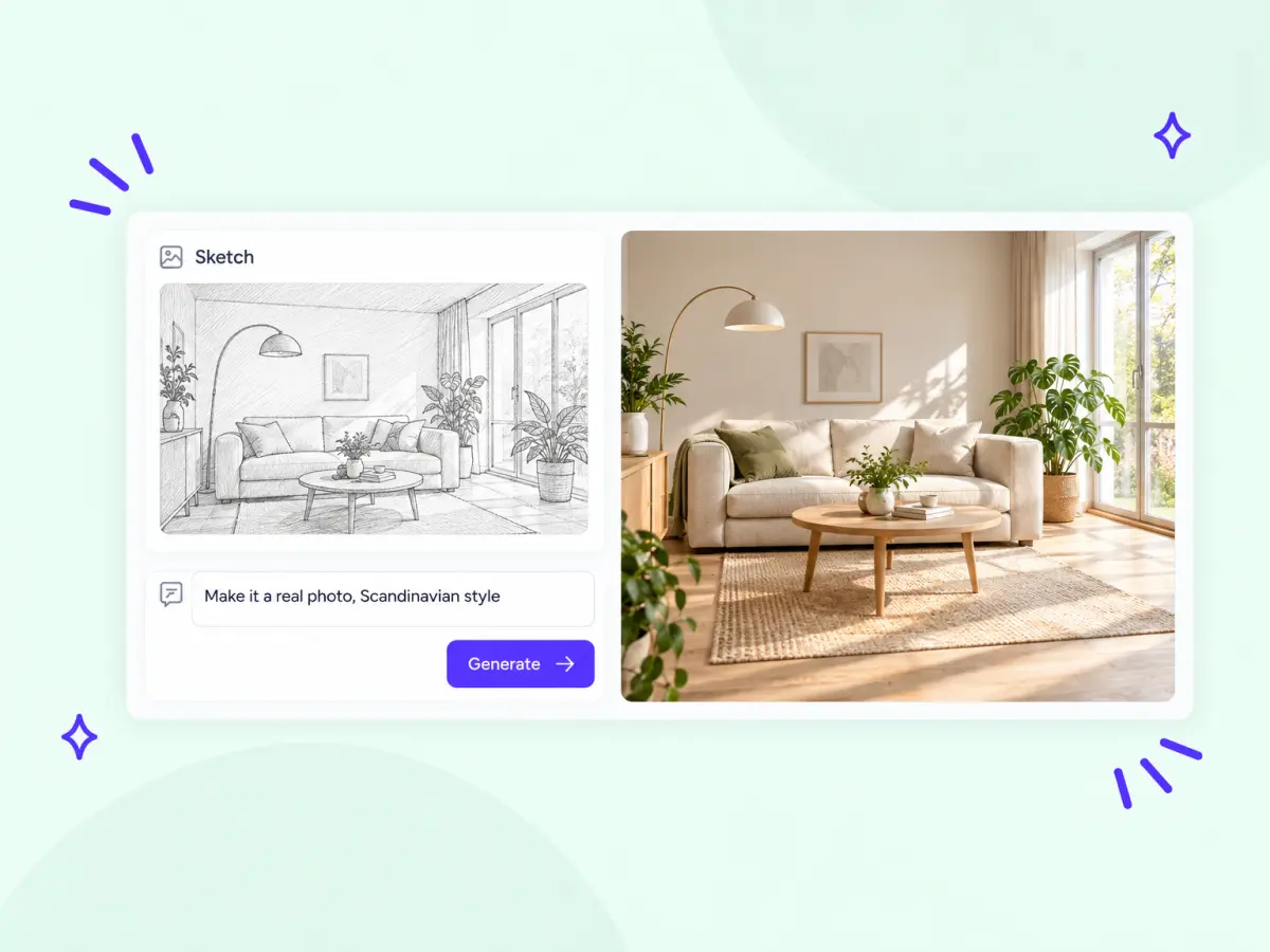 Pencil sketch of a living room turned by AI into a realistic interior photo
