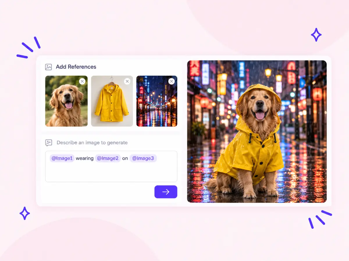 Three reference photos, a dog, a raincoat and a rainy street, combined into one AI image of the dog in the raincoat