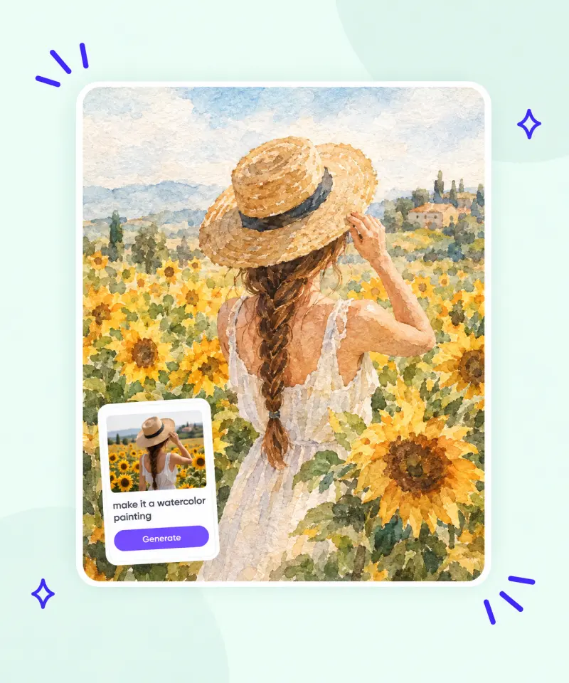 Photo of a woman in a sunflower field and the prompt 'make it a watercolor painting' turned into an AI watercolor