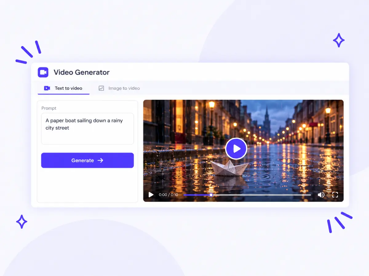 Text prompt 'A paper boat sailing down a rainy city street' turned into an AI video