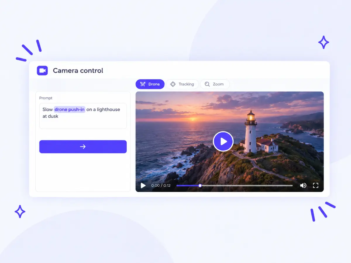 Prompt 'Slow drone push-in on a lighthouse at dusk' with camera move chips and the AI video it makes