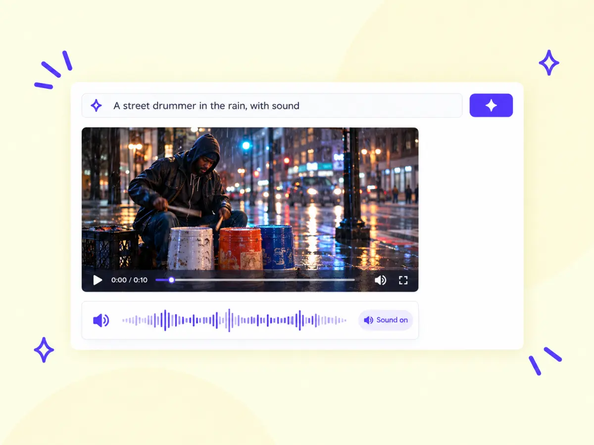 AI video of a street drummer in the rain generated from text with sound