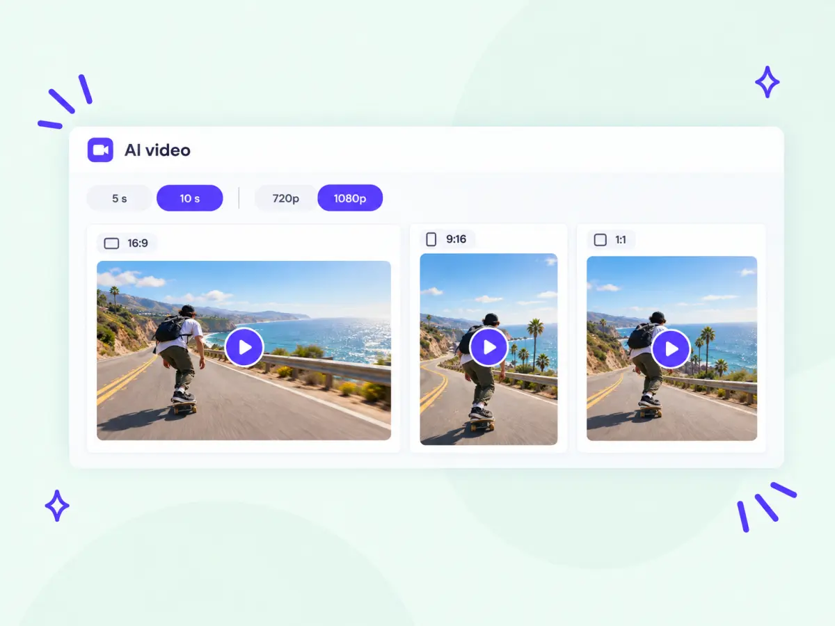 One AI video of a skateboarder in 16:9, 9:16 and 1:1, with 5 or 10 seconds and 720p or 1080p