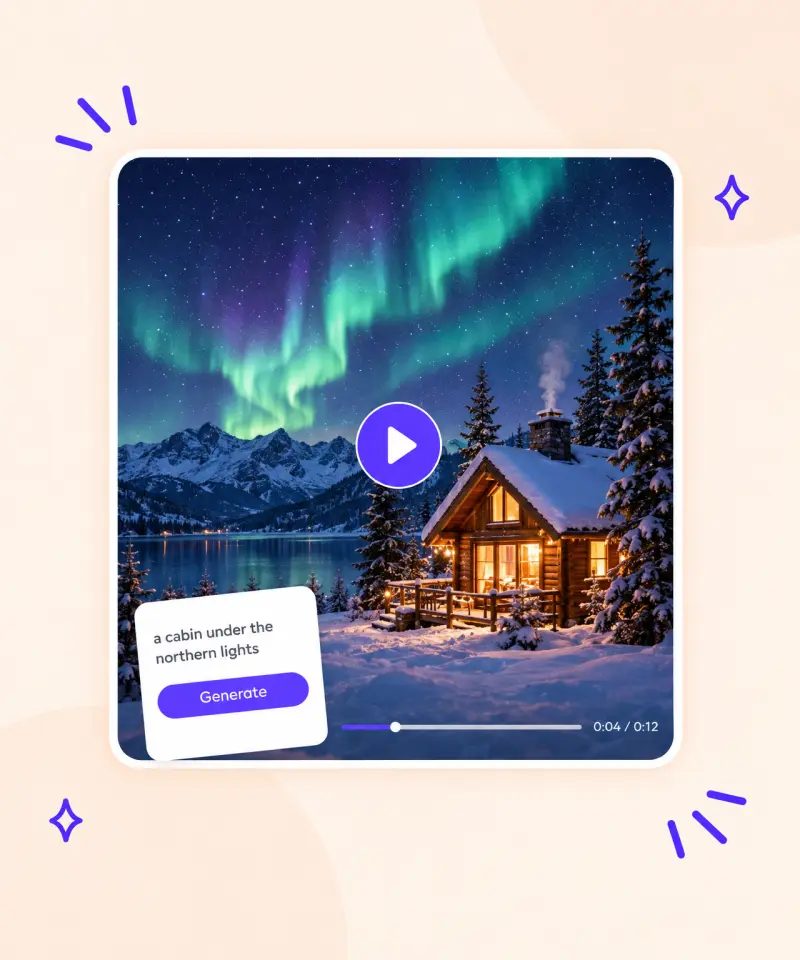 Prompt 'a cabin under the northern lights' and the AI video generated from it