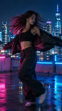 Dancer on a neon rooftop at night, a vertical AI video scene