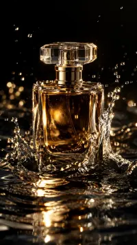 Perfume bottle in dark water with golden splashes, an AI product ad scene