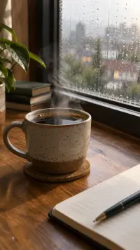 Coffee cup by a rainy window, an AI B-roll scene