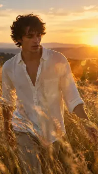 Singer in a golden grass field at sunset, an AI music video scene