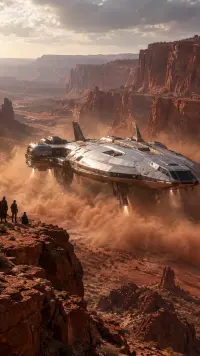 Spaceship landing in a red canyon, an AI concept video scene