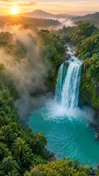 Waterfall in a misty jungle from above, an AI travel video scene