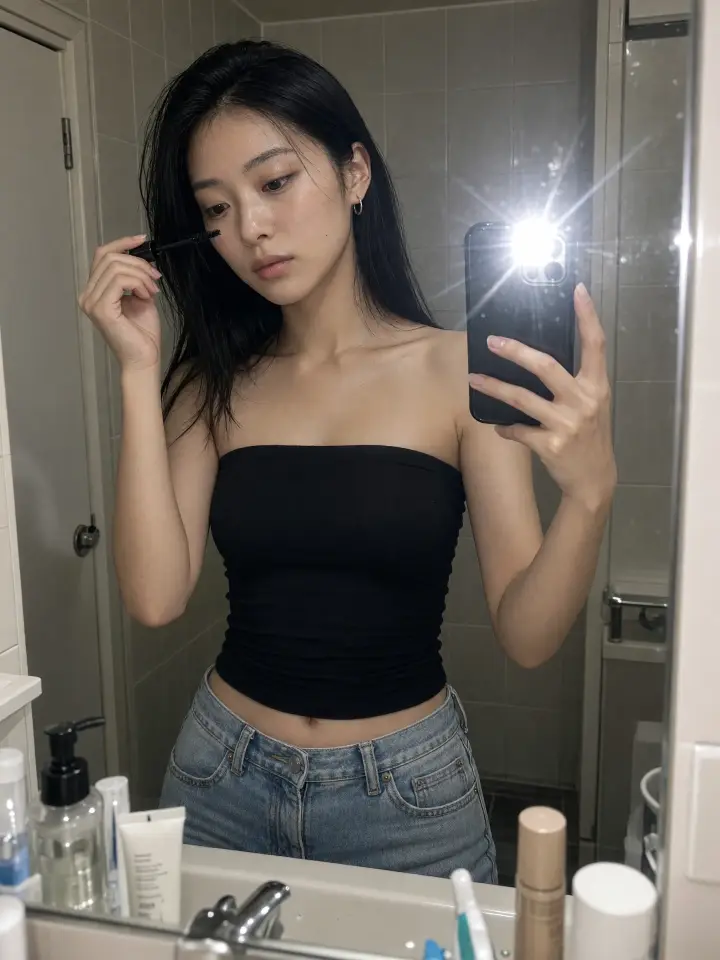 Bathroom mirror selfie in a black tube top and jeans