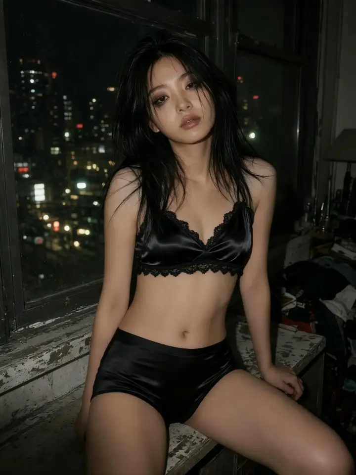 AI lingerie try-on: black satin set by a night window