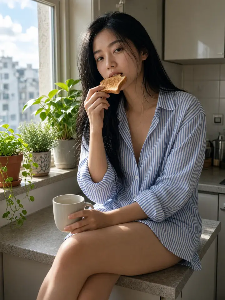 Woman on a kitchen counter in an oversized striped shirt