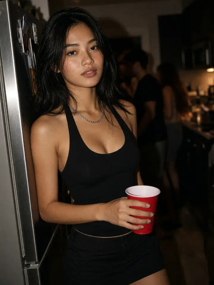 Original photo in a halter top and mini skirt