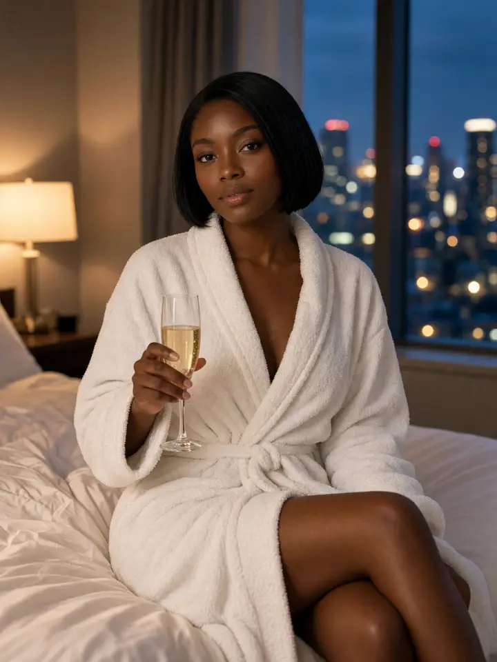 Foto original na cama de hotel com roupão branco