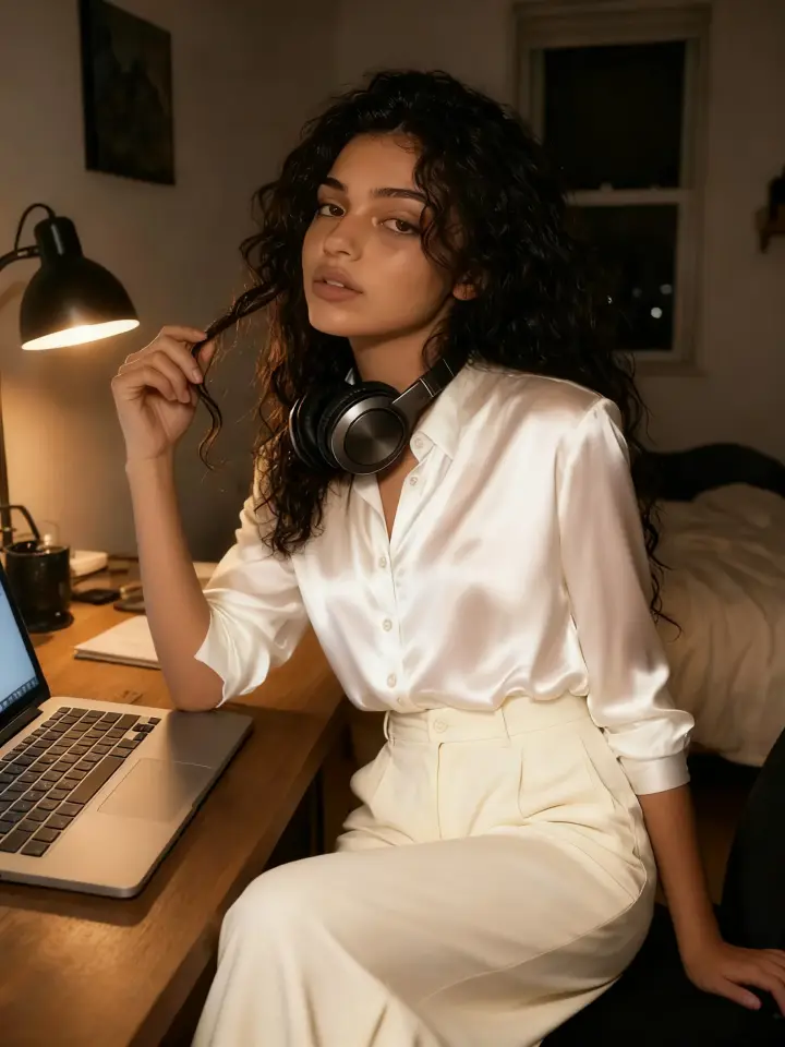 Roupa removida com IA: blazer bege tirado, fica a camisa de cetim branca, numa escrivaninha