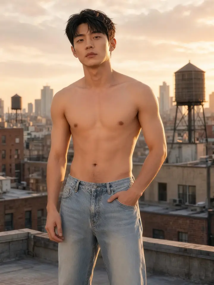 Roupa removida com IA: moletom preto tirado de um homem num terraço ao pôr do sol, fica a calça jeans