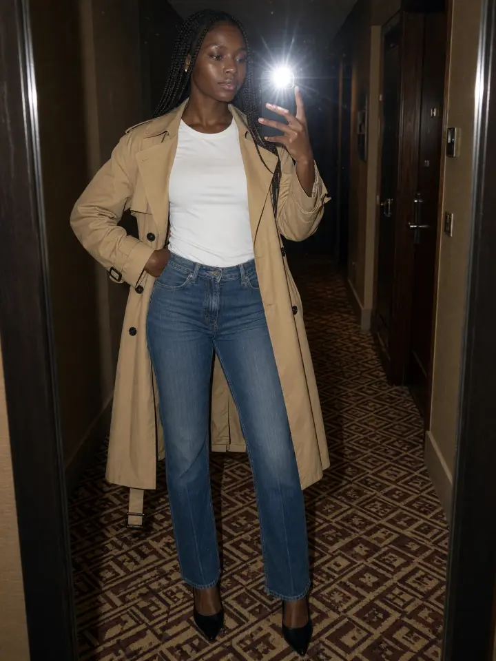 Selfie original no espelho do corredor do hotel com trench coat caramelo, camiseta branca e calça jeans