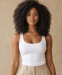 Young woman with curly hair in a white tank top and beige trousers