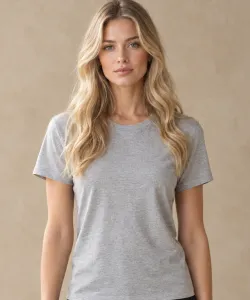 Blonde woman in a grey T-shirt and black trousers
