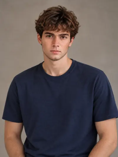 Young man with curly hair in a navy T-shirt