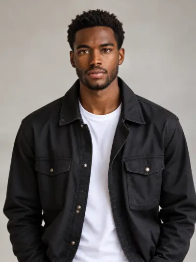 The same man in a black jacket over the T-shirt