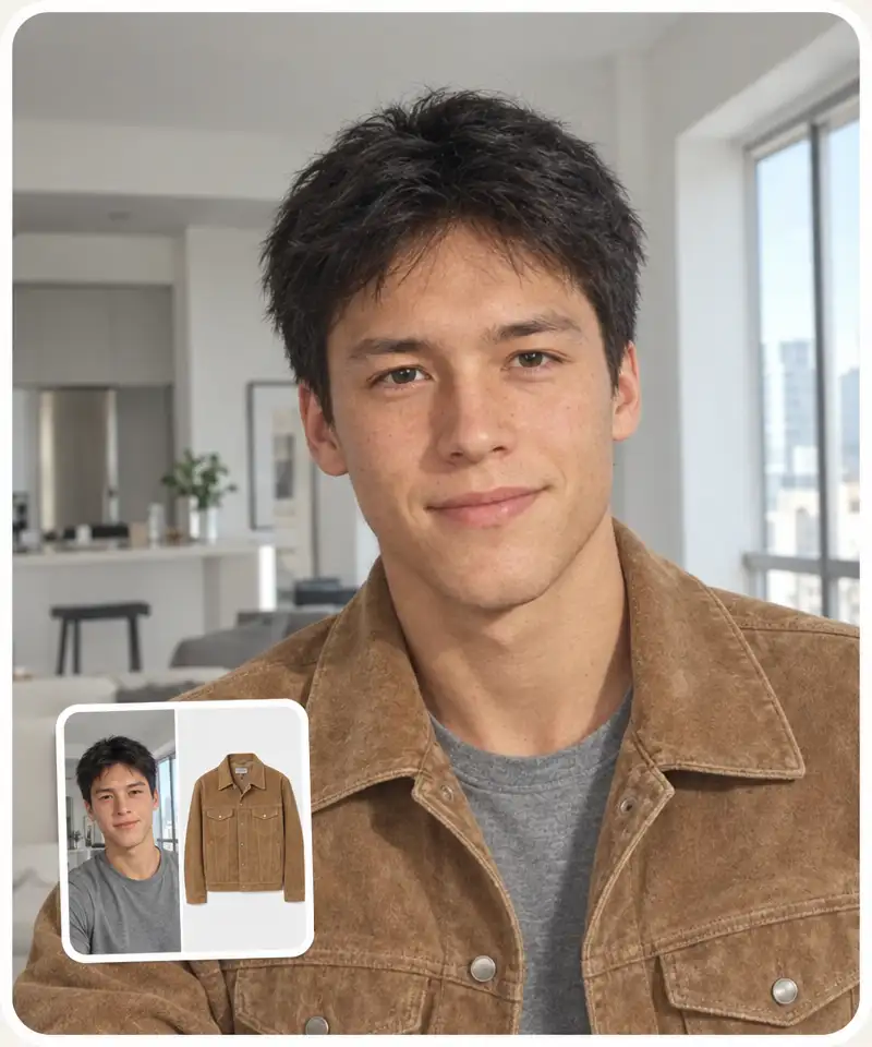A man's photo and a suede jacket, and the same man wearing the jacket in his apartment