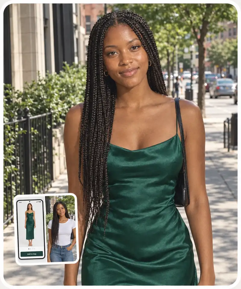 A screenshot of a green satin dress in an online store and a woman's photo, and the same woman wearing the dress