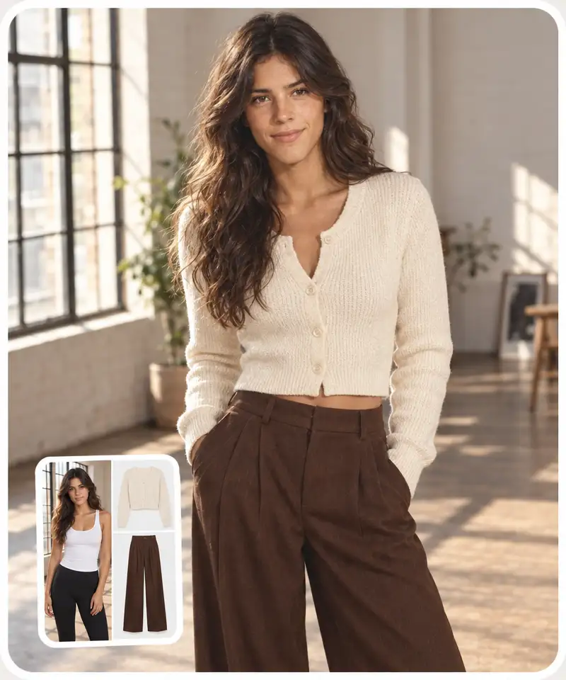 A woman's photo, a cream cardigan and brown trousers, and the same woman wearing them as one outfit