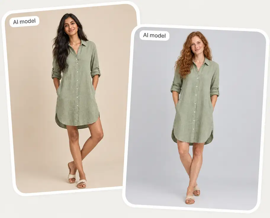 Two AI fashion models wearing the same sage-green shirt dress for a store listing