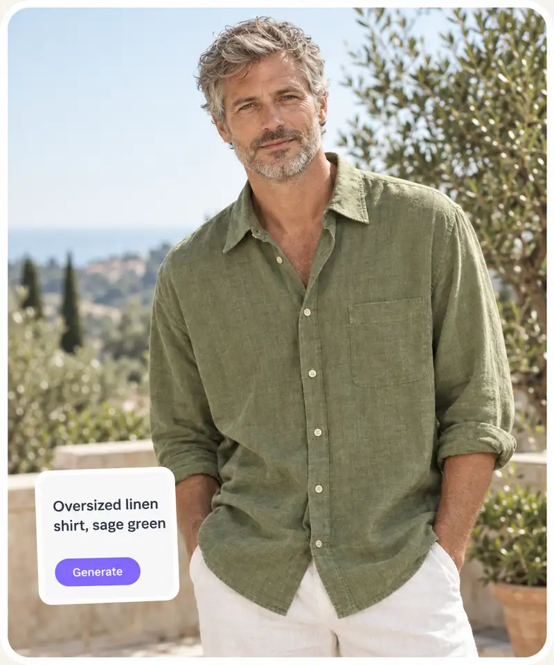 A text prompt for an oversized sage-green linen shirt and a man wearing that shirt on a sunny terrace