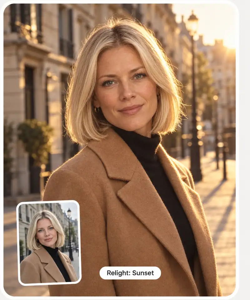The same street photo of a woman in a camel coat in flat light and relit with warm sunset light