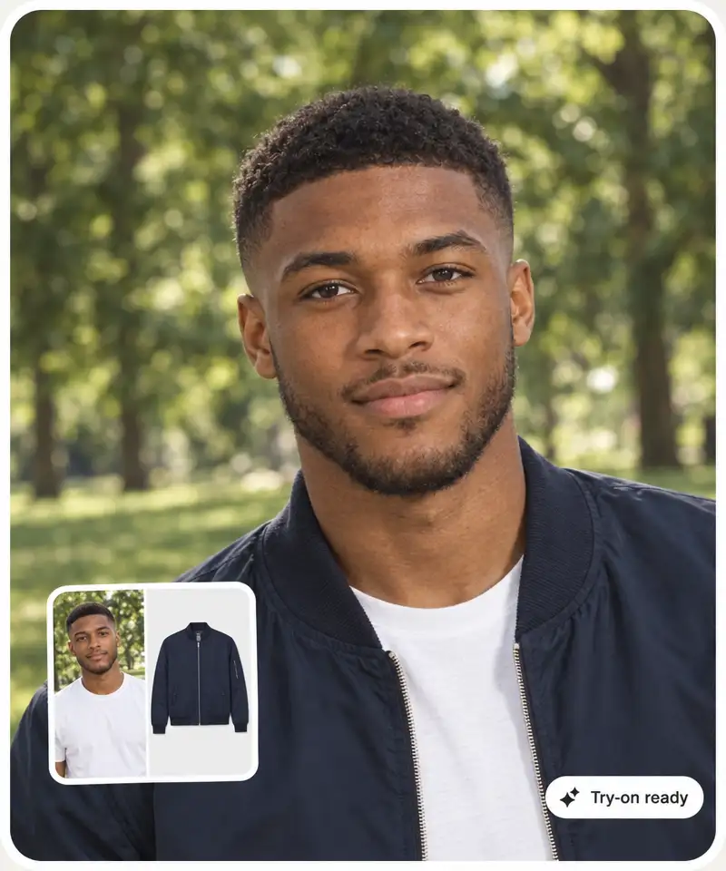 A man's photo and a navy bomber jacket, and the try-on of the same man wearing the jacket