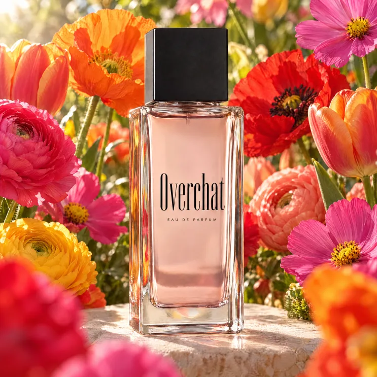 Perfume bottle among red and pink flowers