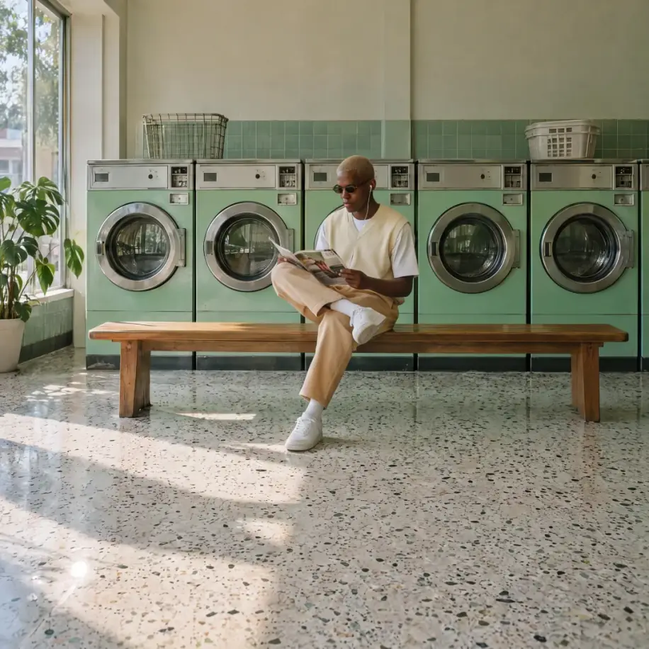 Man added to a laundromat photo, sitting on a bench