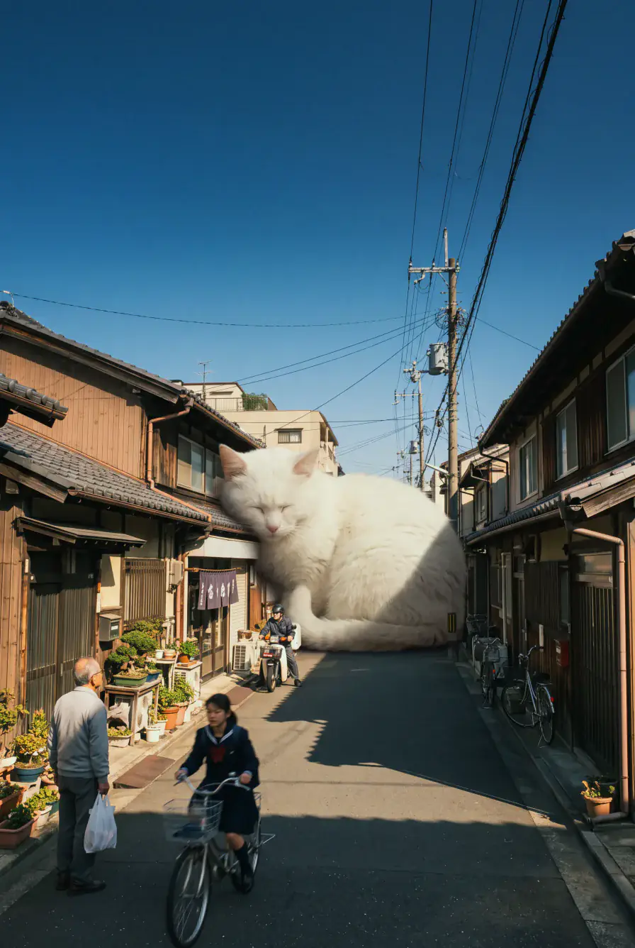 Giant white cat lying in a narrow Japanese street