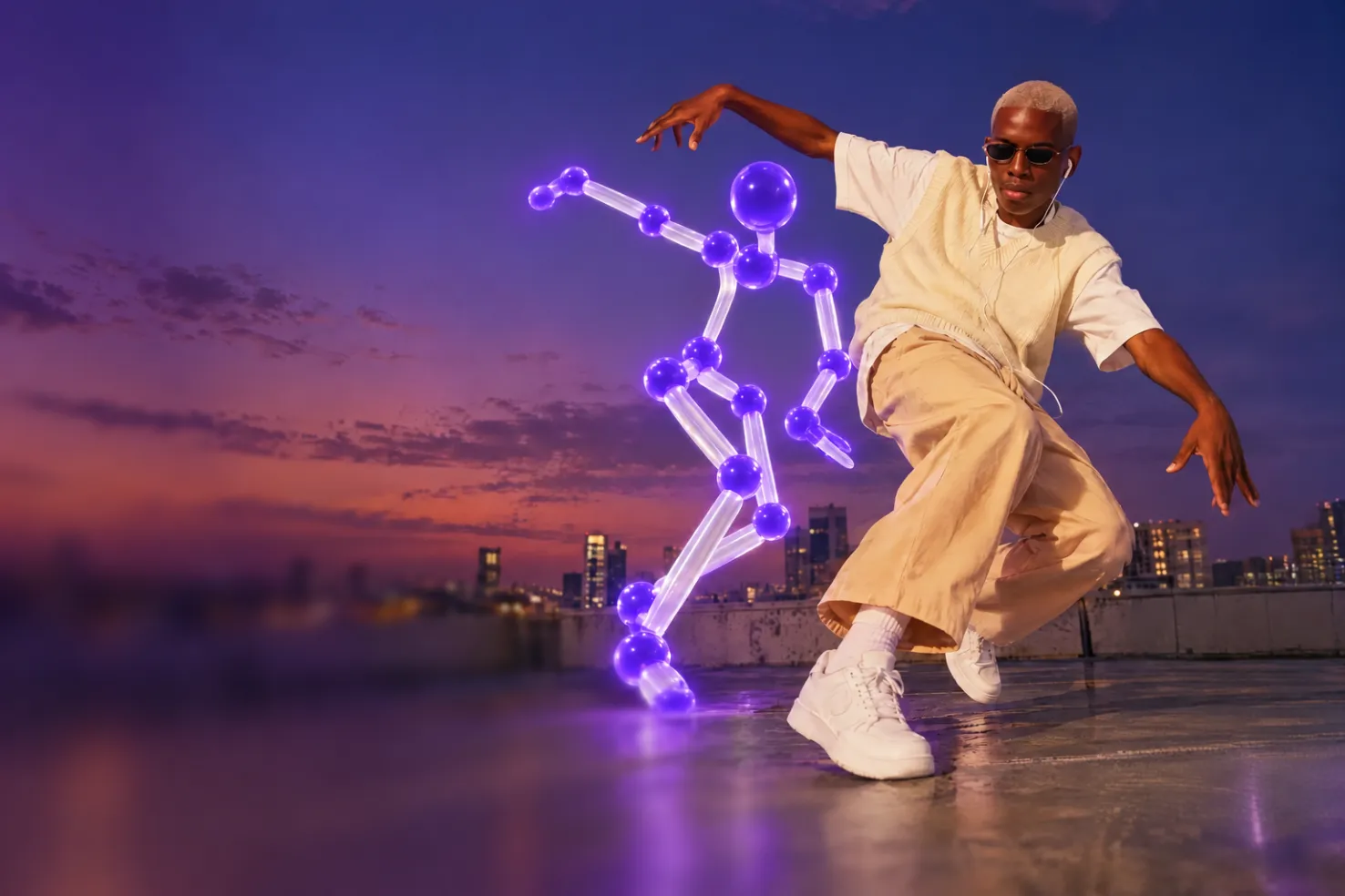 A dancer in sunglasses mid-move next to a glowing purple motion skeleton